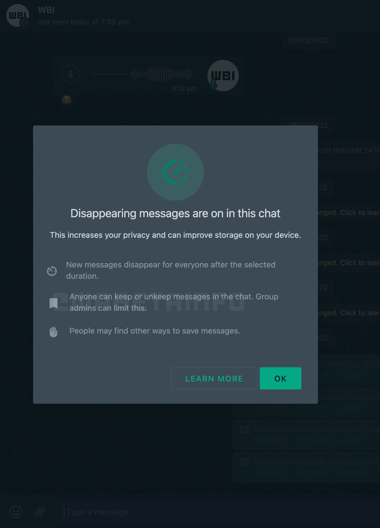 కనుమరుగవుతున్న సందేశాలు ఉంచబడిన సందేశాల ఎంపిక
